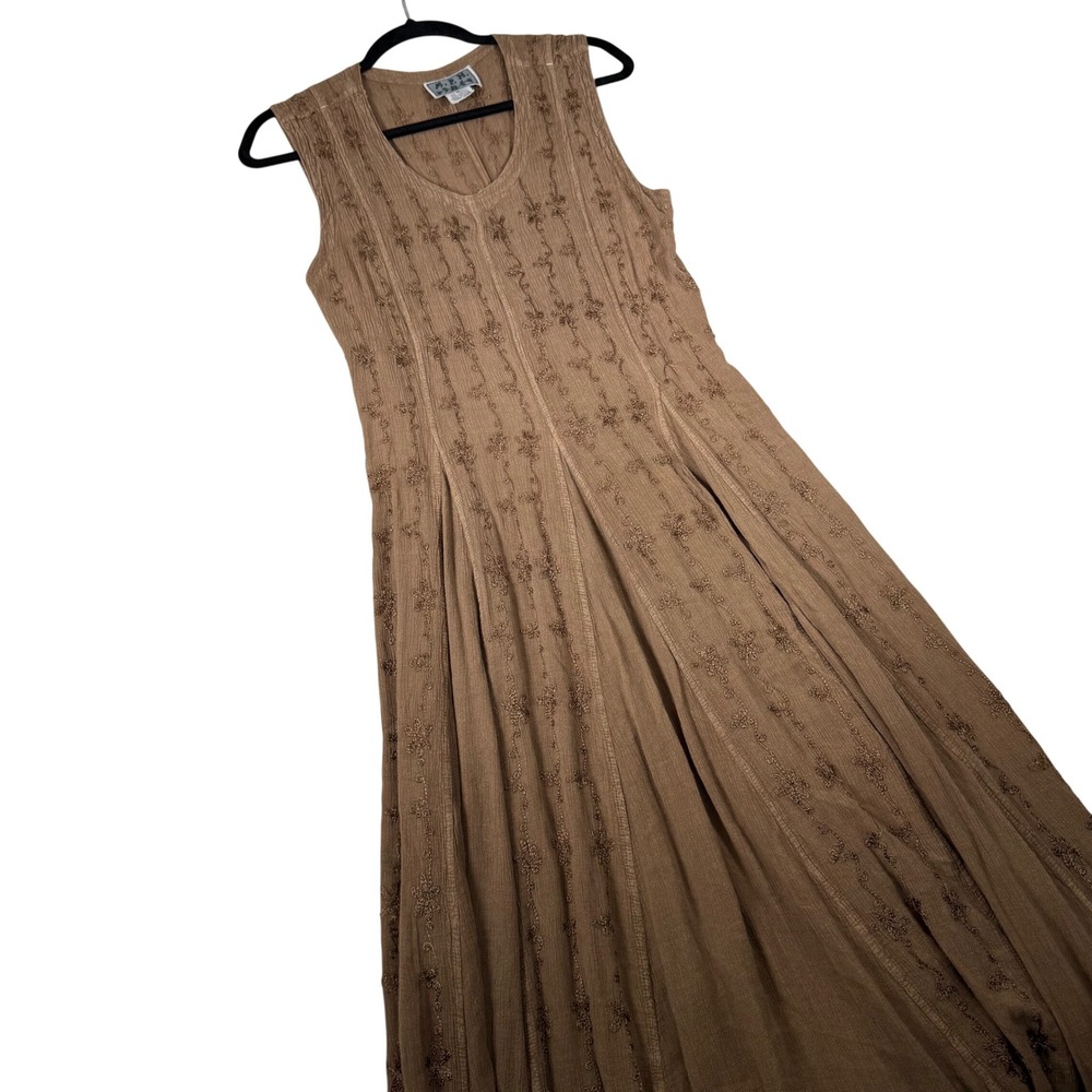 MPH Vintage Brown Rayon Embroidered Maxi Dress Boho Tie Back M | Sleeveless Med